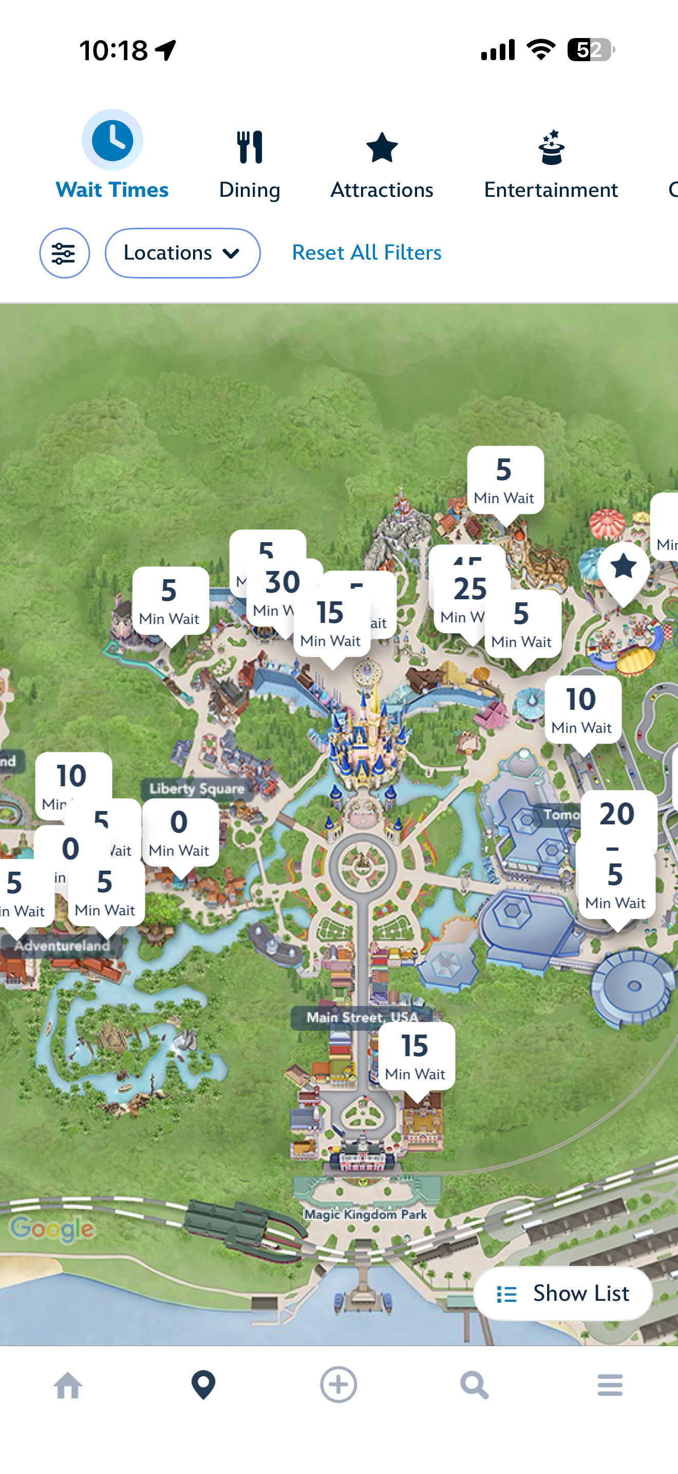 Park map with overlapping wait time callouts