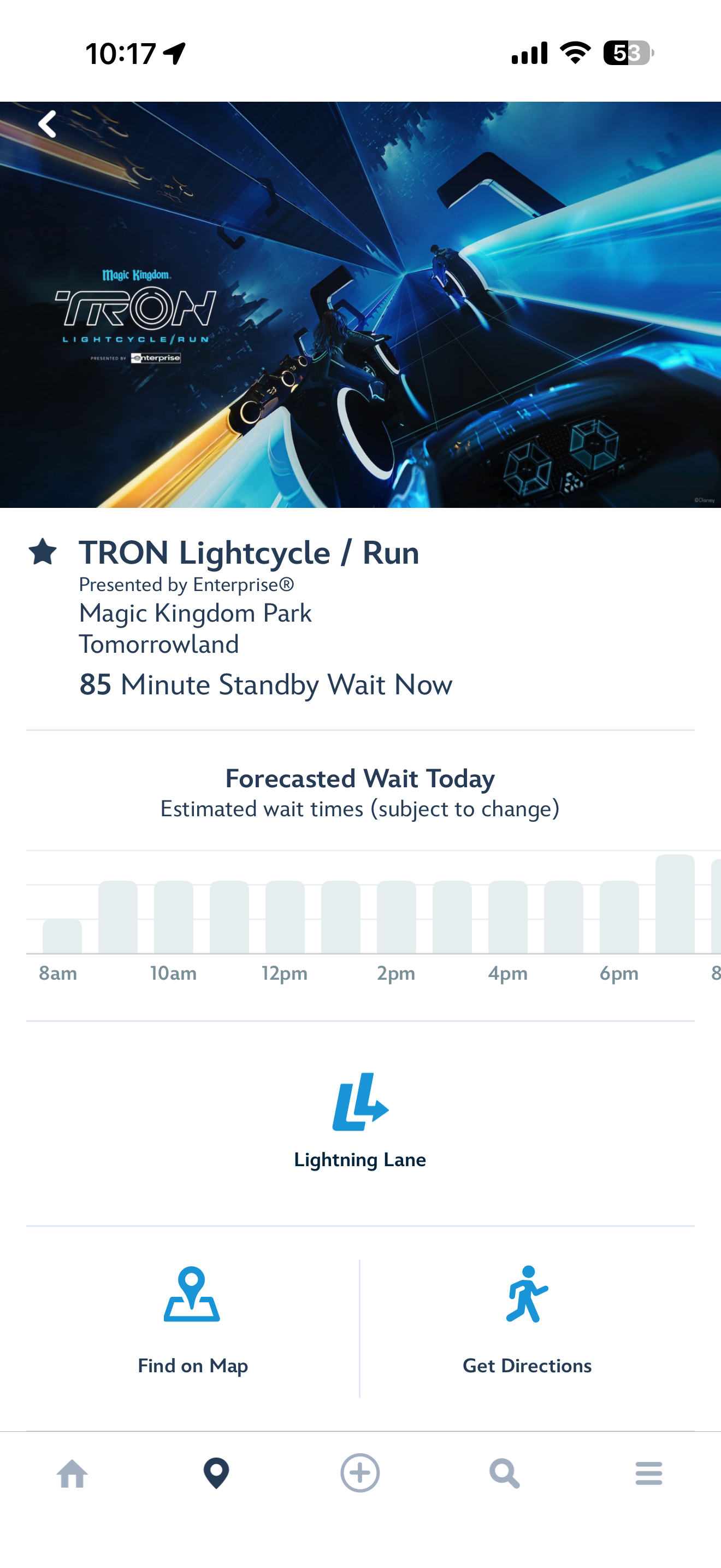 TRON attraction detail with unlabeled wait time chart