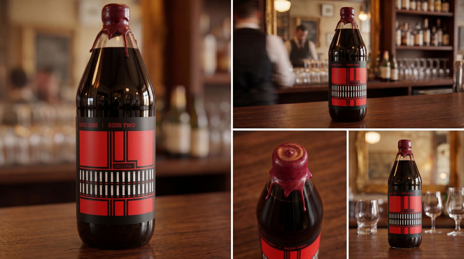 Year One Beer Two bottle shown in four detail shots — hero bottle, wax-dipped top, bottle at the bar