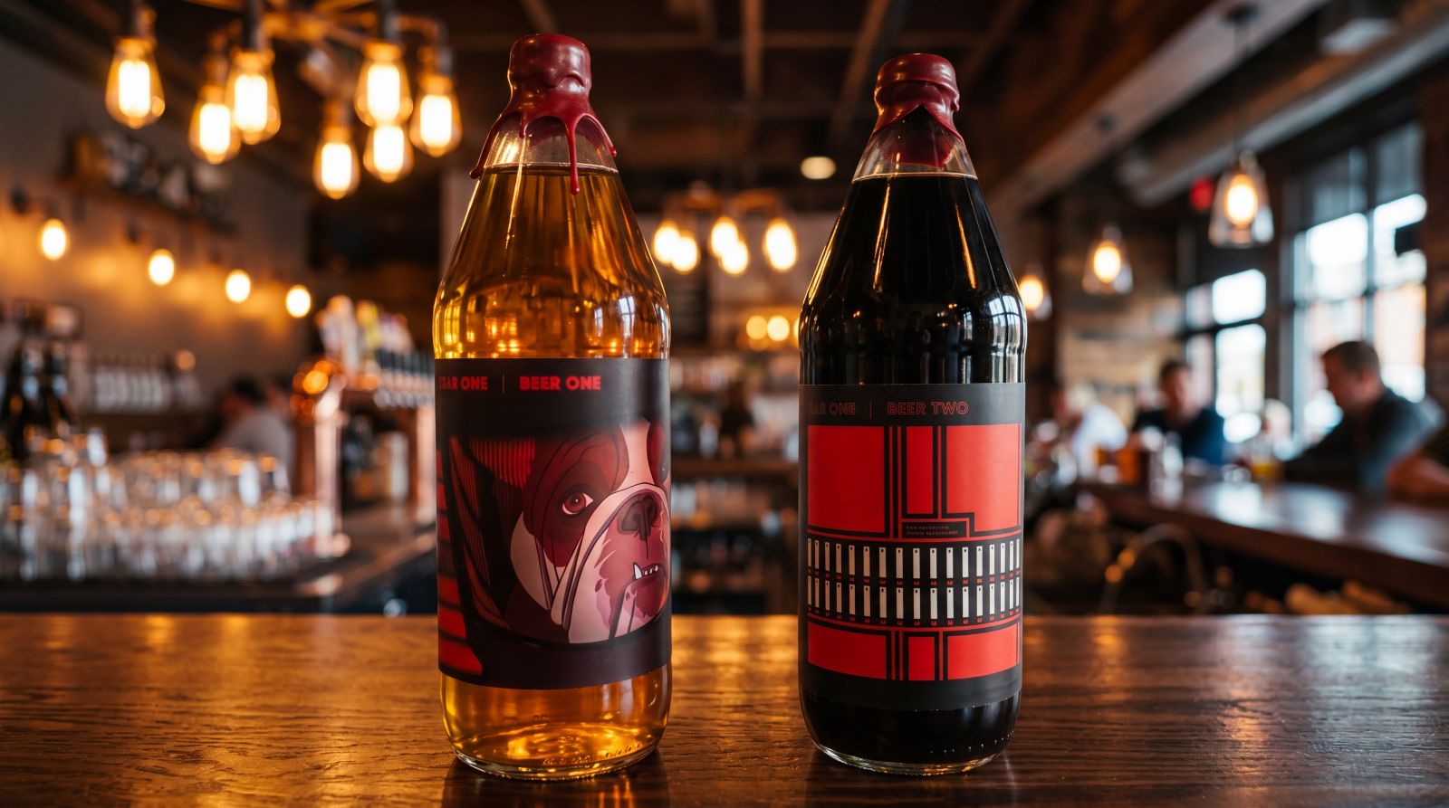 Both Providence Brewing Company anniversary bottles side by side on a bar