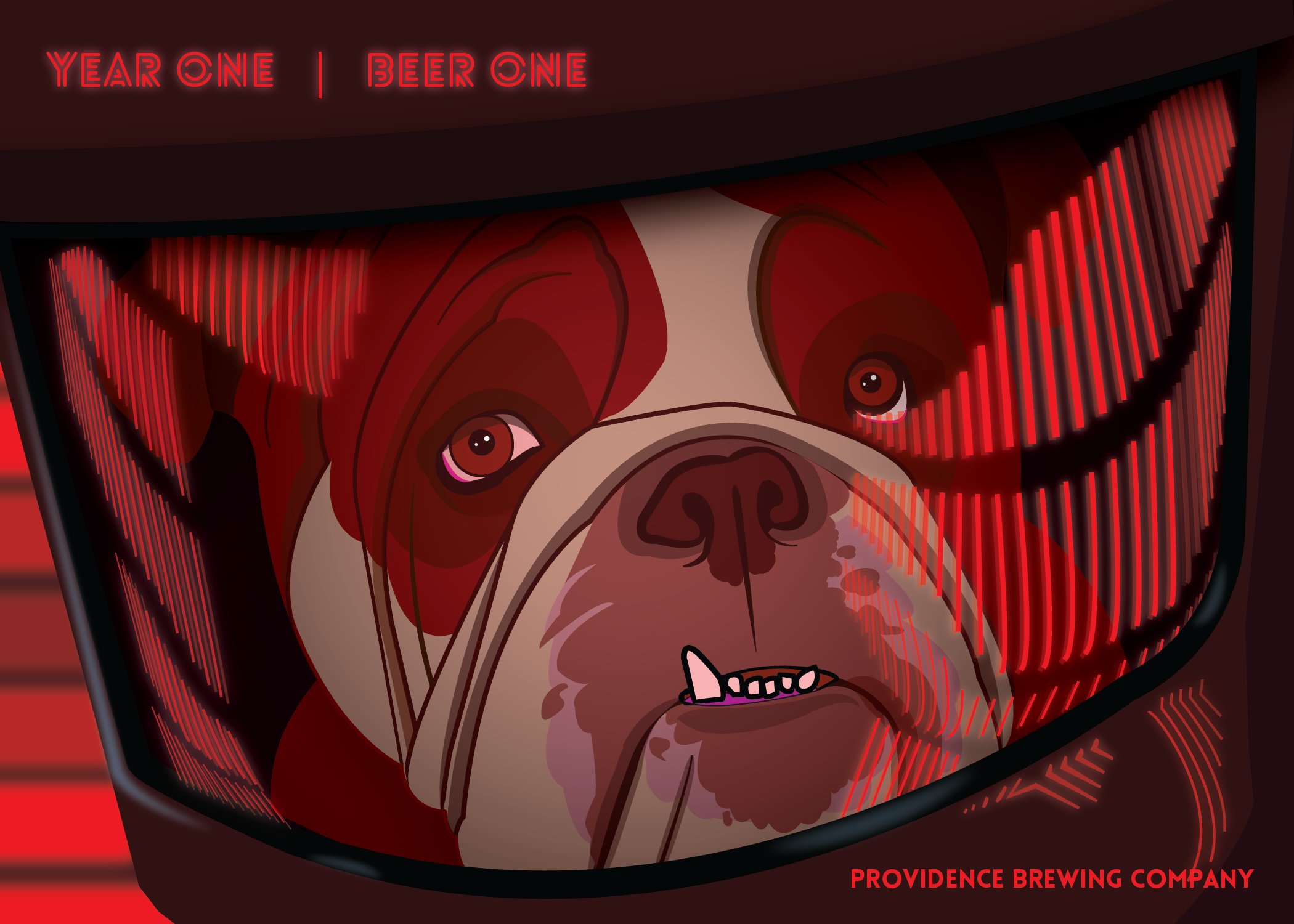 Year One Beer One label artwork — bulldog astronaut portrait framed inside a space helmet visor with red lighting