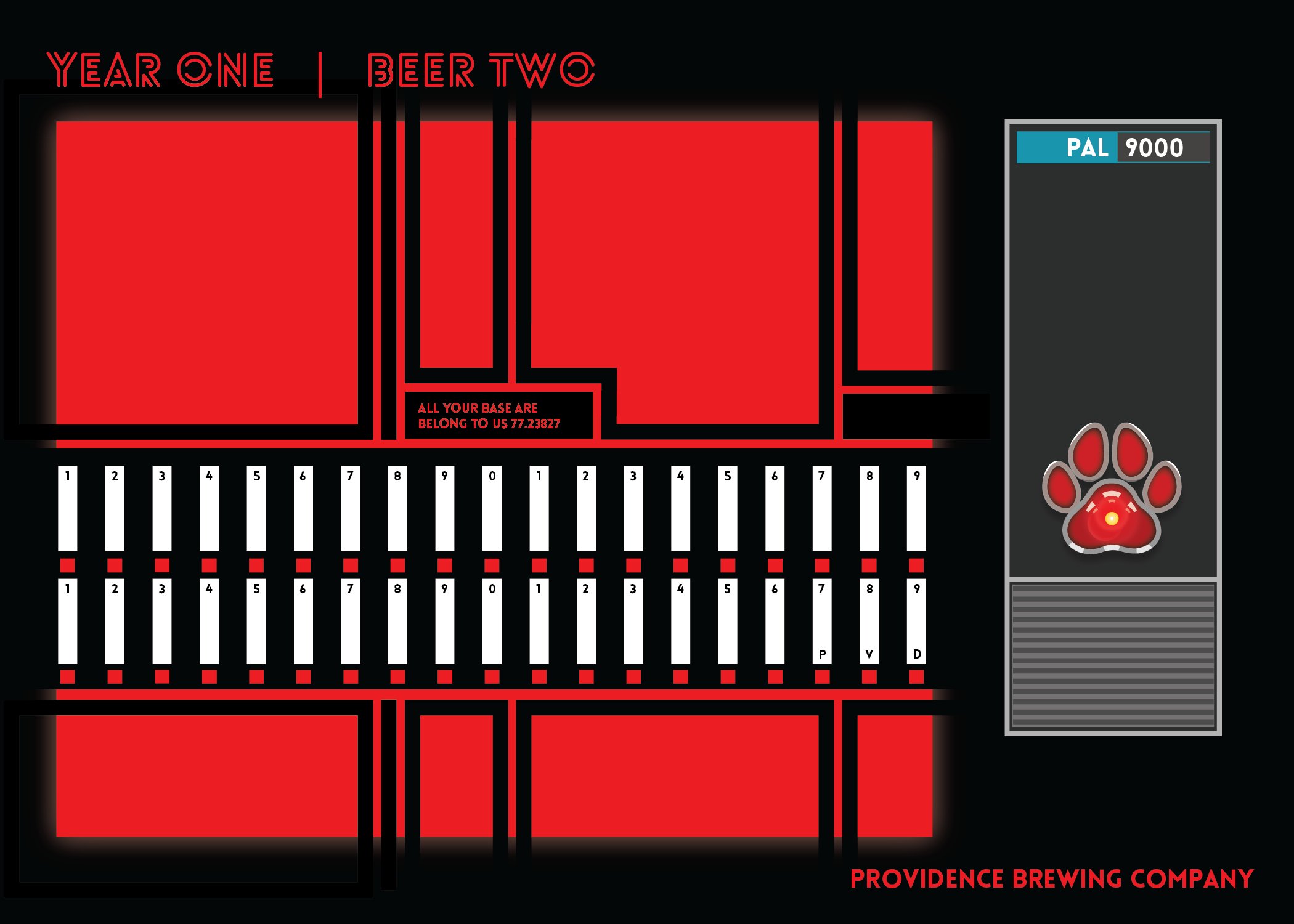 Year One Beer Two label artwork — spaceship control panel with PAL 9000 and paw-print eye