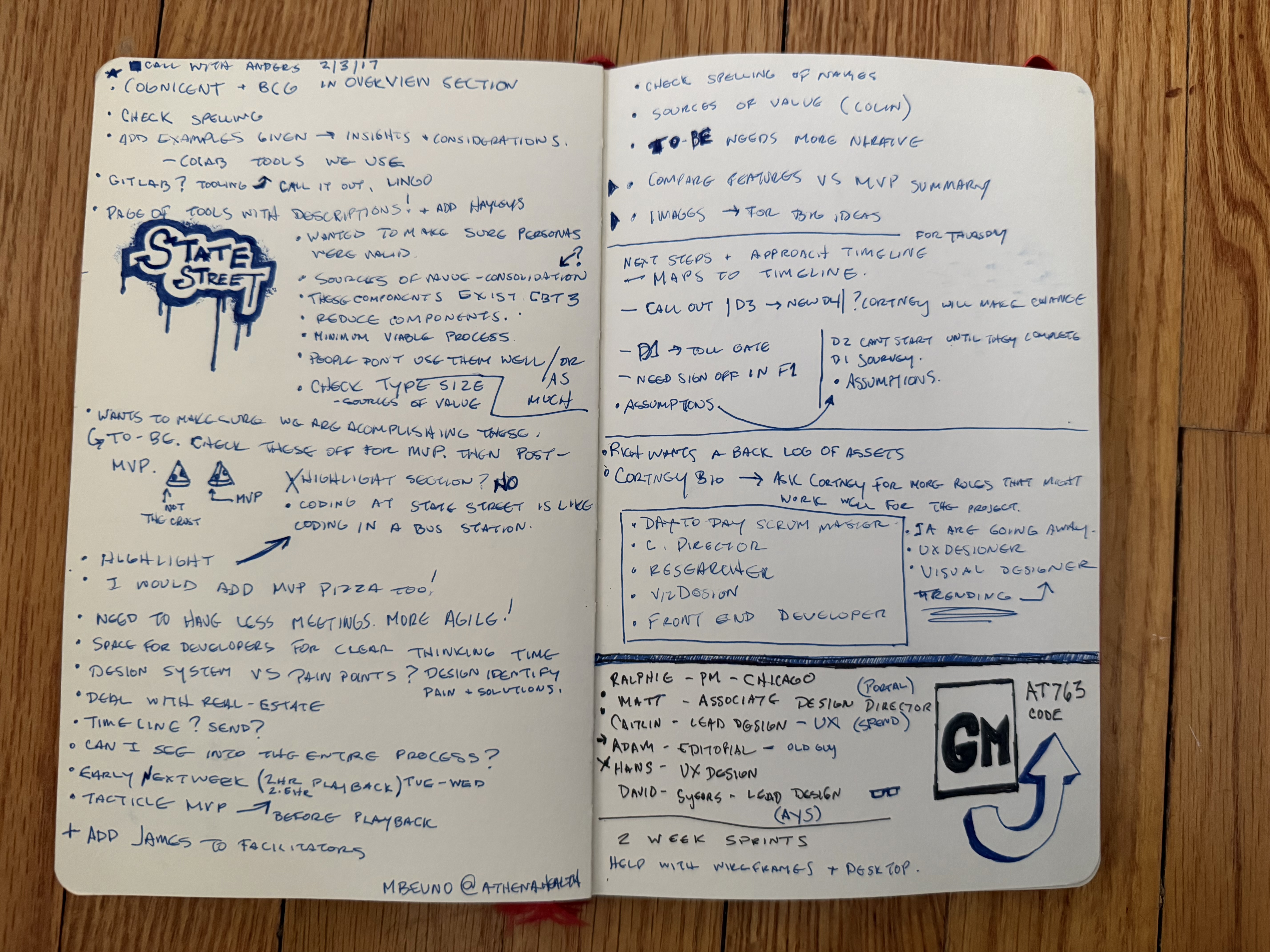 Sketchbook page with bulleted notes from a design review call, dated February 2017